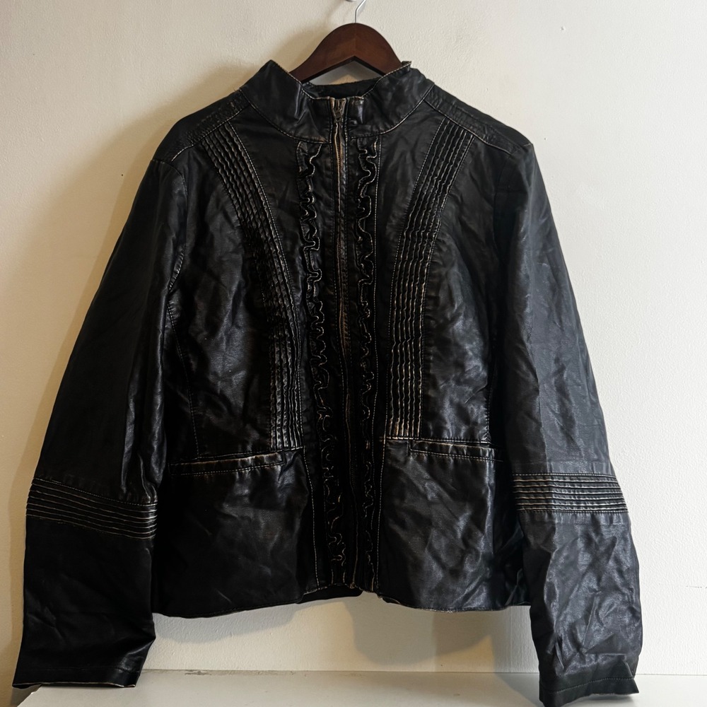 Women's XL Black Faux Leather Ruffle Pintuck Moto Jacket Grunge Whimsigoth